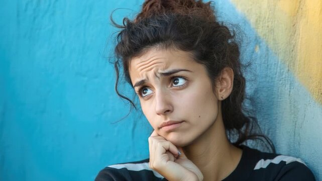 A woman leans against a wall, deep in thought, contemplating something