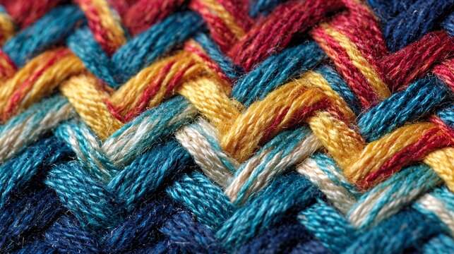 Close-up of colorful woven textile with zigzag pattern and rich texture