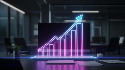 Neon glowing bar chart with an upward trend arrow displayed on a laptop in a modern, dark office setting, symbolizing business growth and success. - Powered by Adobe