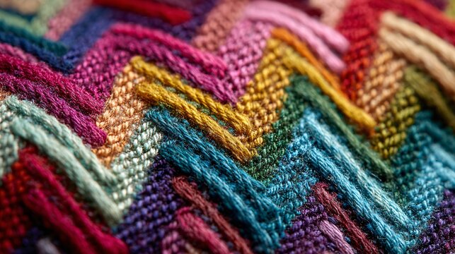 Colorful close-up of textured zigzag knitted fabric with vibrant lighting