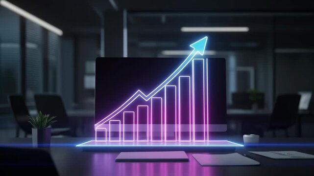 Neon glowing bar chart with an upward trend arrow displayed on a laptop in a modern, dark office setting, symbolizing business growth and success.