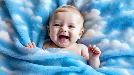 Caucasian smiling baby, toddler is lying down on soft blue sky blanket with clouds. Advertising of children's products