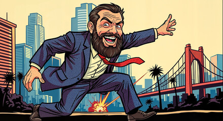 Bearded man in suit running with excitement in urban landscape - Concept of No Shave November, comic-like caricature    