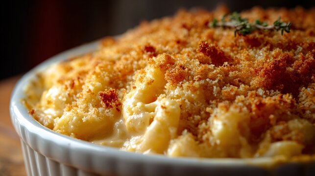 Close-up of creamy baked macaroni and cheese with golden breadcrumb topping in white dish