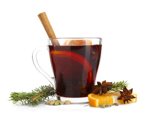 Tasty mulled wine, fir tree branches, orange slice and anise isolated on white