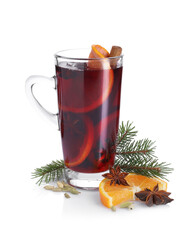 Tasty mulled wine, fir tree branch, orange slice and anise isolated on white