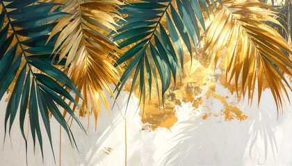 A stylish composition of teal palm fronds against a golden, textured background