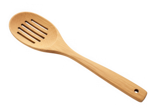 Wooden slotted spoon kitchen utensil isolated on transparent background