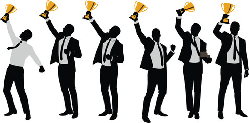 Silhouettes of successful businessmen celebrating victory holding golden trophies, corporate achievement concept, business award celebration, professional success motivation illustration