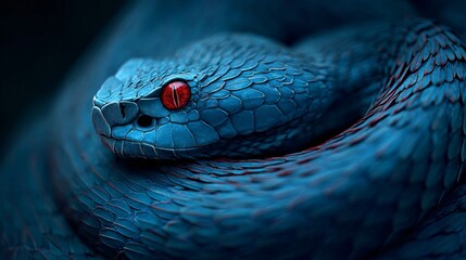 Fototapeta premium Close-up of a Blue Viper Snake with Red Eyes in Dark Environment