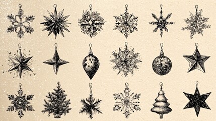 Vintage black and white Christmas ornaments and snowflakes vector collection