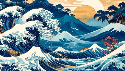 A stylized Japanese seascape featuring a large wave, mountains, and sun