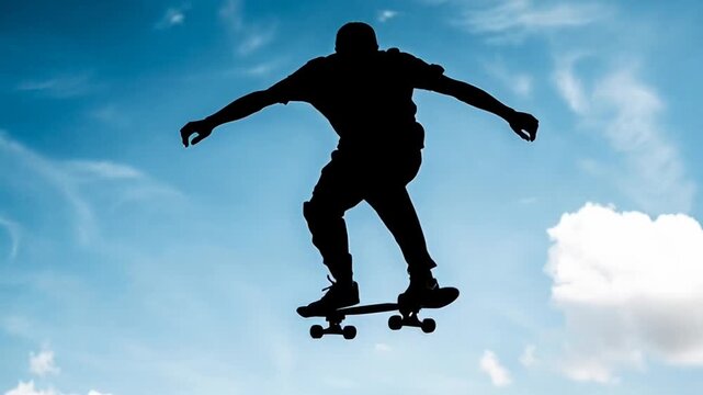 Skateboarder silhouette jumping in the sky
