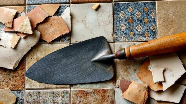 Tile restoration project showing tools and materials at a home improvement site in action during the afternoon