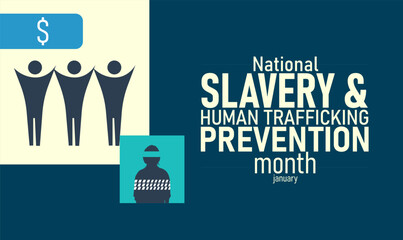 National Slavery and Human Trafficking Prevention Month Poster Banner and Background Design Template with Awareness Ribbon Silhouette and Support Message for Human Rights Protection Safety Advocacy