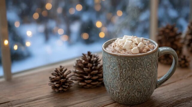 12Close-up of rustic cocoa mug surrounded by Christmas lights and pine cones, window showing soft snowfall, steam rising gently from marshmallow-topped drink