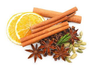 Different spices, dry orange slices and fresh rosemary for mulled wine isolated on white, top view