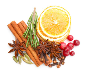 Different spices, cranberries, dry orange slices and fresh rosemary for mulled wine isolated on white, top view