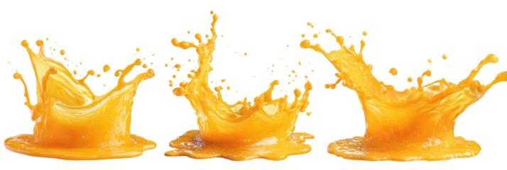 Three vibrant orange juice splashes against a black background