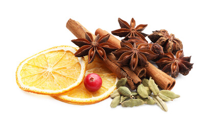 Different spices, dry orange slices and cranberry for mulled wine isolated on white