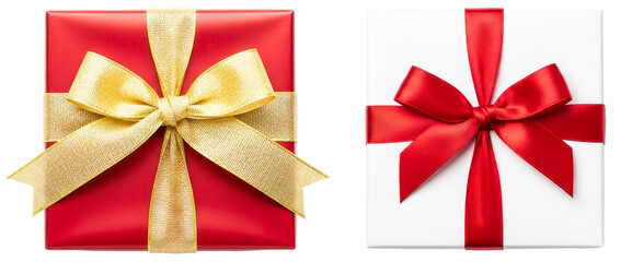 Two vibrant gift boxes with elegant ribbons on white background isolated on transparent background
