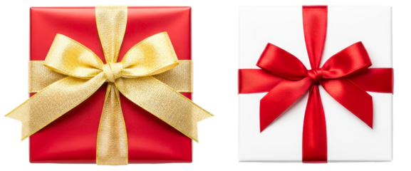 Two vibrant gift boxes with elegant ribbons on white background isolated on transparent background