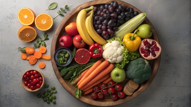 Colorful Fruit and Vegetable Platter on Dark Surface – Healthy Eating, Vibrant Produce, Fresh Ingredients, Food Photography, Nutritional Variety, Natural Textures - Powered by Adobe
