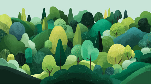 An abstract summer forest with vibrant green trees for seasonal posters and nature-themed packaging collections