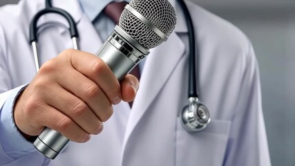 Doctor discussing health topics while holding a microphone at a medical conference in a professional setting