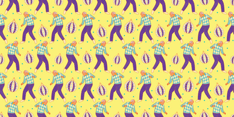 A fun party pattern. People are dancing, and a grandfather in a festive sweater is celebrating Christmas. A yellow retro print for gift wrapping paper.