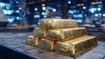 15Gold bars stacked neatly on refinery table, glowing under controlled lighting, symbolizing success and transformation from raw to refined