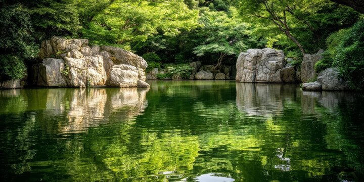 Serene Lakeside View with Lush Greenery and Rock Formations.