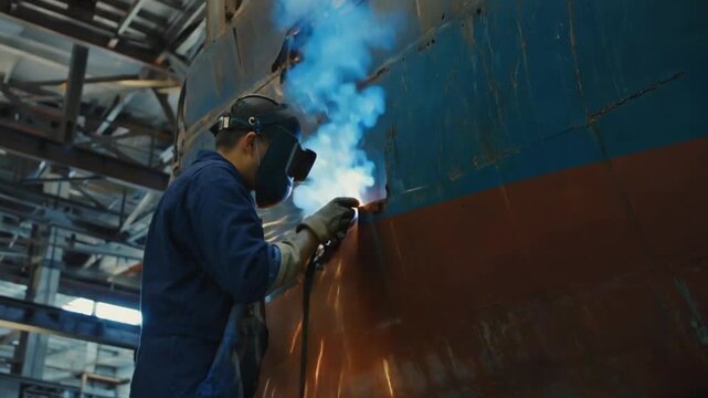 Welder welding a boat.