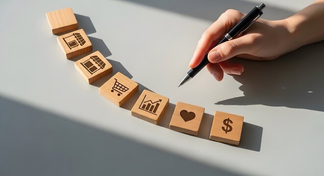 Person arranging wooden blocks with e-commerce and social media icons on a gray surface with a pen