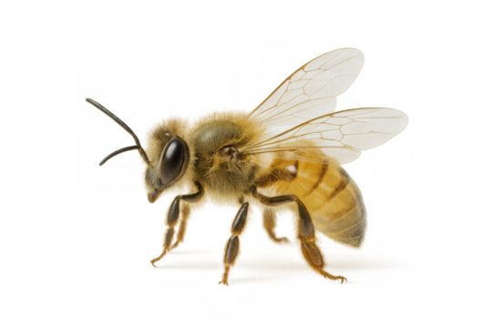 Honey bee flying, essential pollinator for agriculture and environment, transparent background for easy use