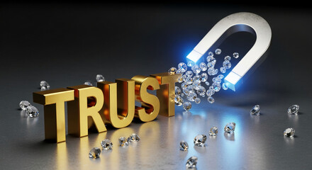 Image shows golden word "Trust" next to magnet attracting diamonds, reflecting the concept of reliance, honesty, and value, set on a metallic surface