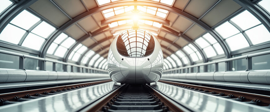 Hyperloop train arriving at futuristic station platform with bright lighting  