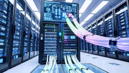 Futuristic server room with cables, glowing screen showing data connections. Modern technology - Powered by Adobe