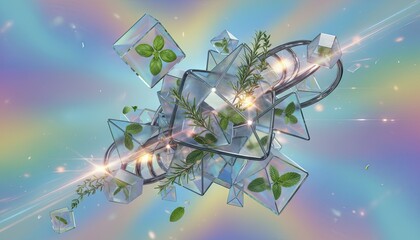 Abstract geometric cluster of transparent cubes containing green herb leaves and sparkling light effects on a vibrant rainbow gradient background