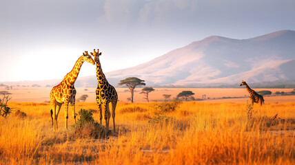 Giraffe pair in african savanna at sunset