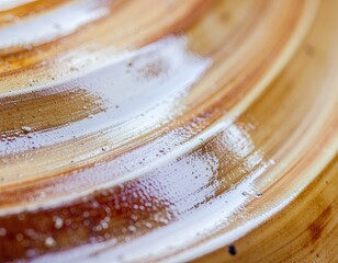 Close Up Abstract Macro View Of A Light Brown Ceramic Plate With Glossy Swirls And Subtle Glitter Particles In Natural Daylight