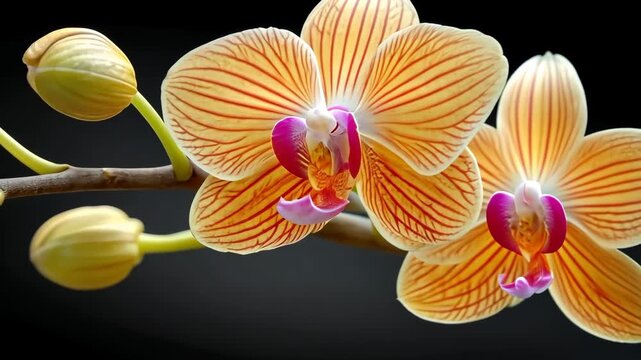 Beautiful orange orchids bloom in close-up showcasing vibrant colors and intricate patterns