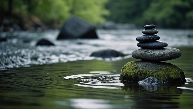 A vertical stack of smooth, polished, rounded mossy pebbles in a balanced pyramid standing in a still water pond. Meditation zen balance illustration concept. Stability relaxation stones arrangement.