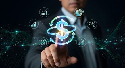 A person interacts with a futuristic interface displaying various business analytics and graphs