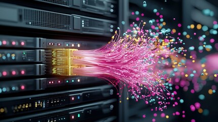 Close-up of pink fiber optic cables connecting to a golden server module within a rack, with colorful light particles emanating outwards.