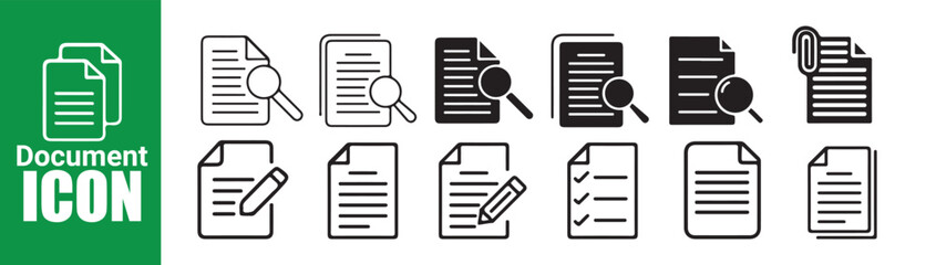 Document icon set showing search, editing, checklist, and paperclip symbols in vector format