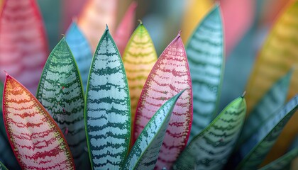 Sansevieria Trifasciata Plant Leaves With Vibrant Red Green Yellow And Blue Color Gradient Effect Detailed Macro Photography Soft Bokeh Background