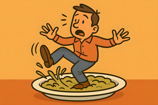 The expression "to put one's foot in it". A scene in a cartoonish and humorous style.