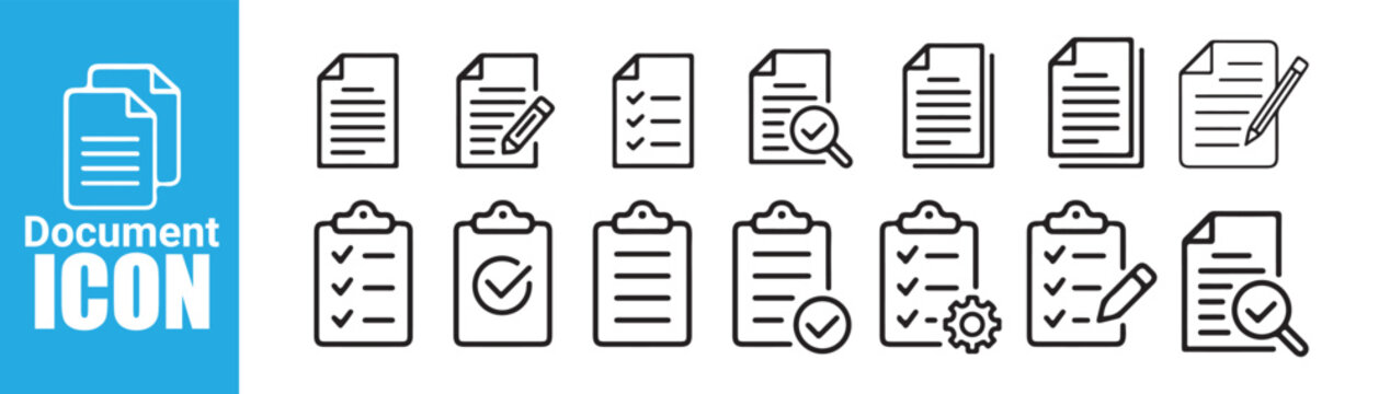 Document icon set vector illustration collection includes paper file note and clipboard symbols