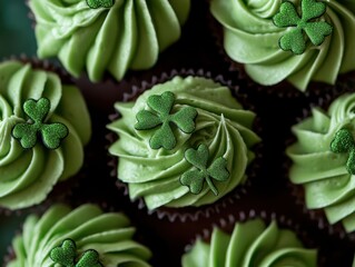 Fototapeta premium Green cupcakes have shamrock decorations on top.